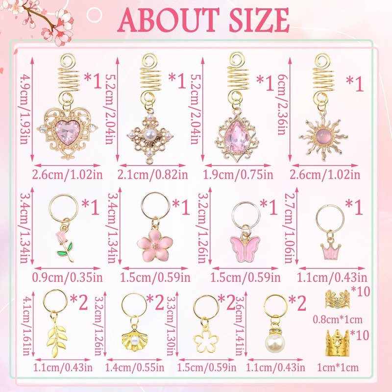VENOFEN 36PCS Pink Crystal Hair Jewelry Butterfly Braids Clips Flower Loc Jewelry Pearl Hair Charms Gold Hair Cuffs Rings Valentine's Day Braids Accessories for Women and Girls