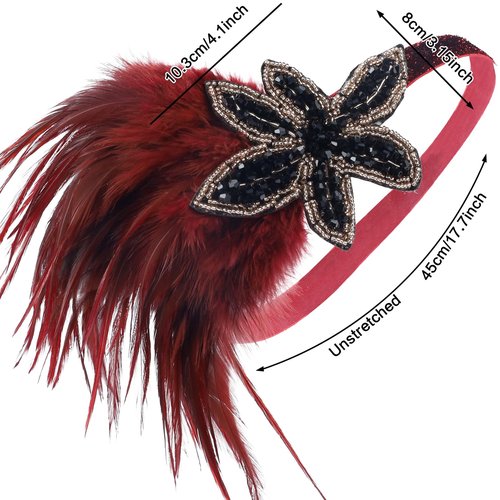 LOWOSAIWOR 1920S Headband For Women Red Feather 20s Gatsby Headpiece Flapper Headband for Girl (Red, one size)