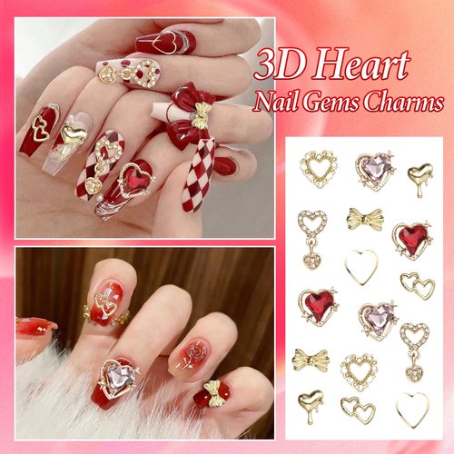 3D Gold Heart Nail Charms and Gems, Gold Bow Alloy Nail Charms Dangle, Red Heart Rhinestones Nails Bow Charms, Shiny Luxury Y2K Nail Jewelry Pearls for Nail Art Supplies