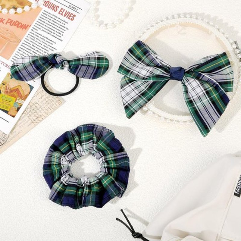 DEEKA 5 Styles Uniform Long Tail Hair Bows Knotted Headband Scrunchies Bow Set Alligator Clips Back to School Accessories for Toddler Little School Girls (Green, Navy, White&Yellow 5 Styles)