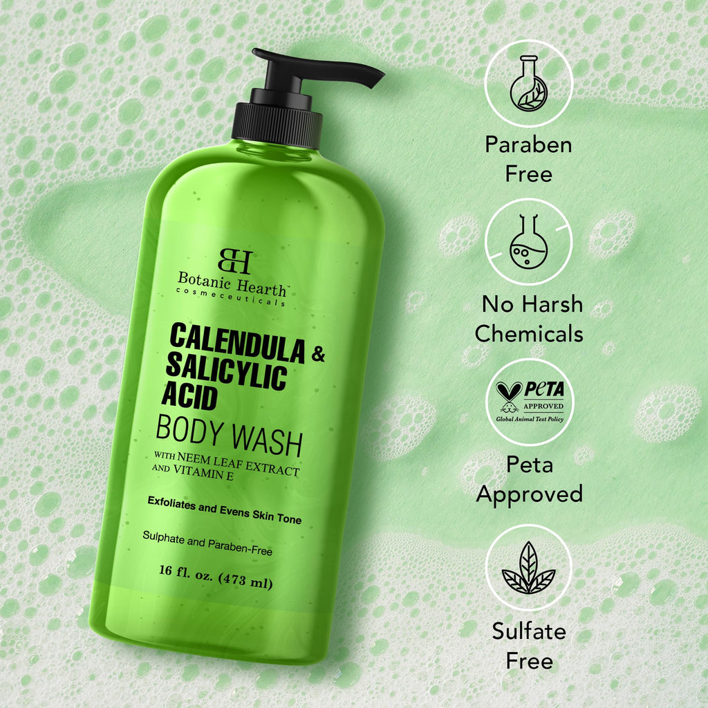 Botanic Hearth Calendula & Salicylic Acid Body Wash – Exfoliating Shower Gel with Neem Leaf Extract & Vitamin E, Clarifying Cleanser, Sulfate & Paraben Free – 16 fl oz