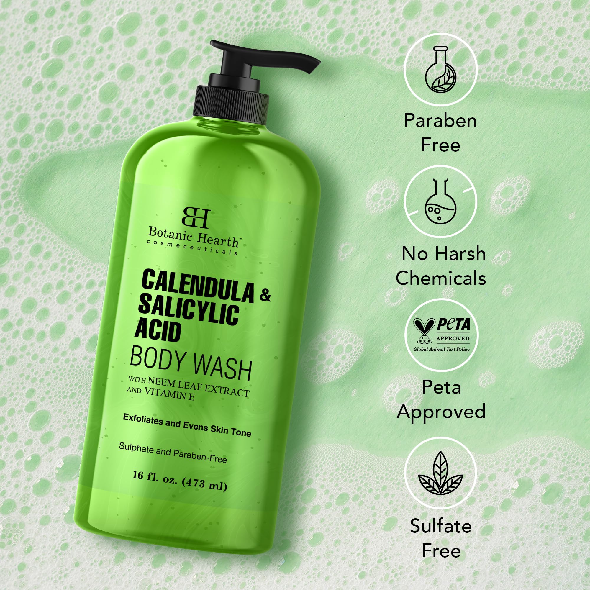 Botanic Hearth Calendula & Salicylic Acid Body Wash – Exfoliating Shower Gel with Neem Leaf Extract & Vitamin E, Clarifying Cleanser, Sulfate & Paraben Free – 16 fl oz