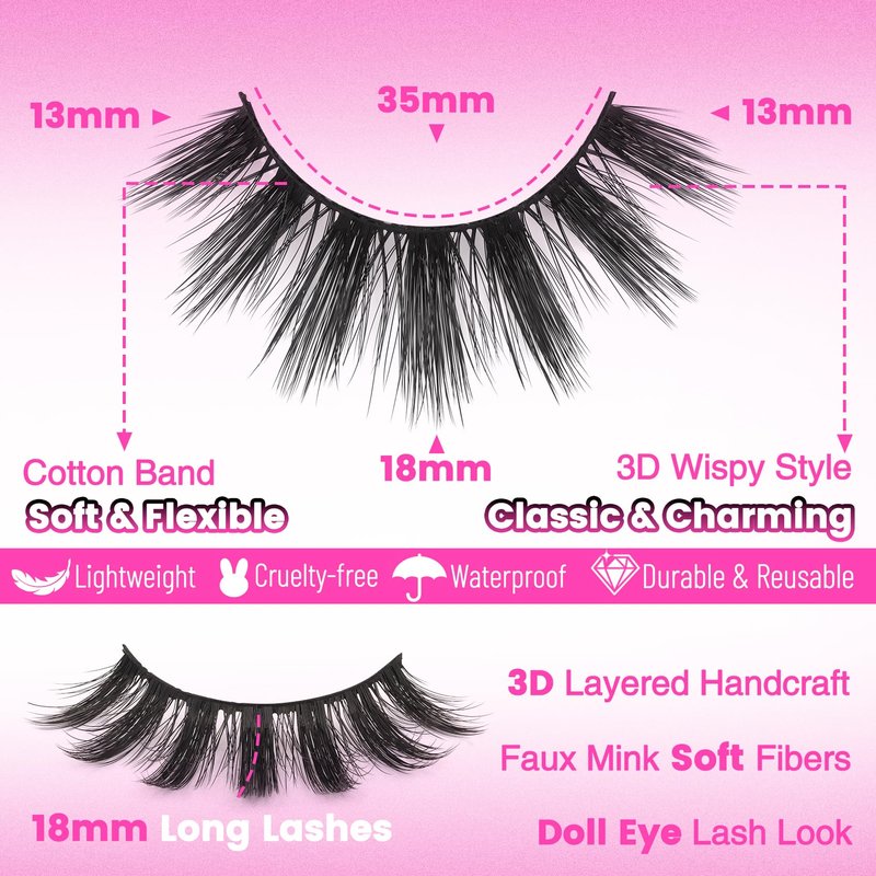 Veleasha Lashes Wispy False Lashes Strips Natural Fluffy Eyelashes 18mm 3D Fuax Mink False Eyelashes Soft Lightweight Strip Lashes Manga Fake Eyelashes 10 Pairs Pack (V07)