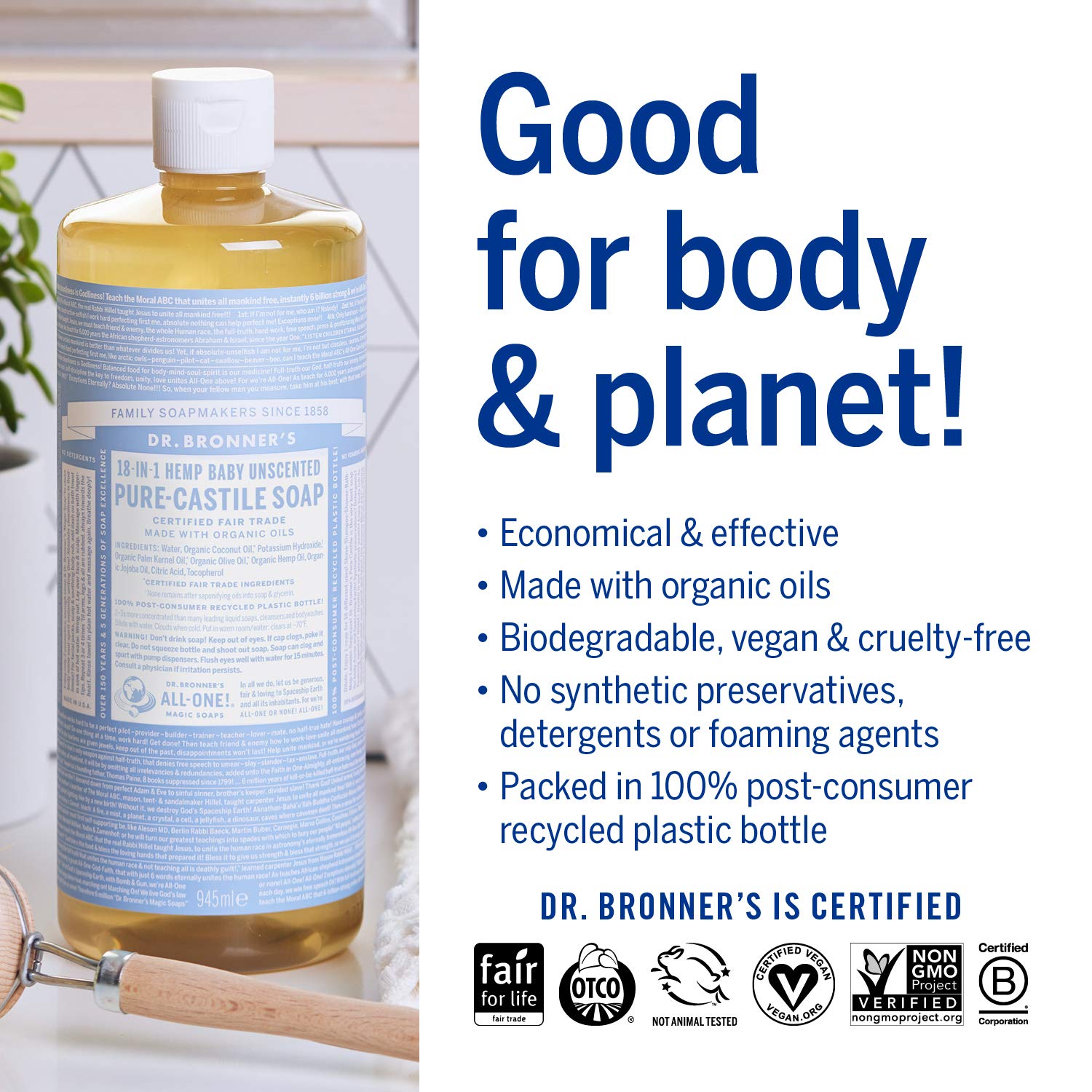 Dr. Bronner's - Pure-Castile Liquid Soap (Baby Unscented, 1 Gallon, 2-Pack) - Made with Organic Oils, 18-in-1 Uses: Face, Hair, Laundry and Dishes, for Sensitive Skin and Babies, No Added Fragrance