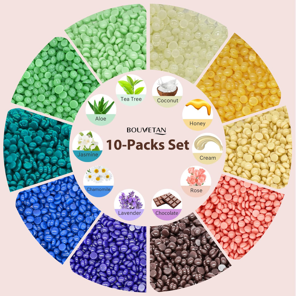 Bouvetan Hard Wax Beads 2.2 lbs, 10 Pack Variety Wax Beans for Hair Removal, Sensitive Skin, Ideal for Face, Eyebrows, Bikini, Underarms, Legs, Brazilian Waxing and Full Body