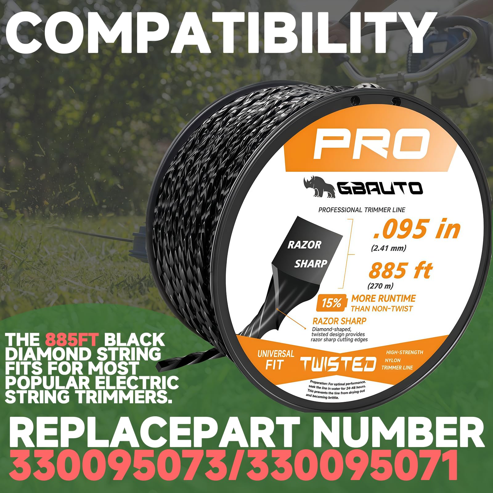 String Trimmer Line, 885ft 0.095" for Black Diamond Trimmer Weed Eater String Replacement, Premium Nylon Universal, Professional Twisted Weed Wacker String with Built-in Line Cutter (Upgraded version)