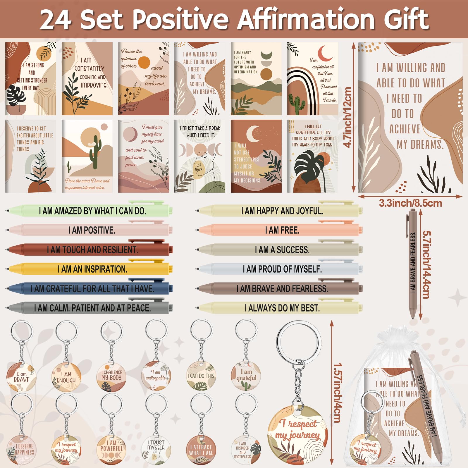 Mooliwe Positive Affirmation Back to School Gift Set Gratitude Notebooks with Pens Acrylic Keychains Small Bags Motivational Notepads for Women Coworkers Adults Party Favors(Boho)
