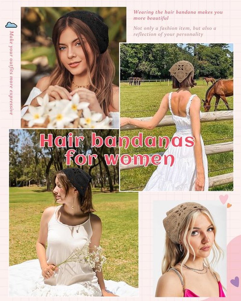 HAIMEIKANG Floral Crochet Hair Bandanas Headscarf 2 PCS Women Hair Scarf Daisy Headband Vintage Head Kerchief for Girls(Black+Coffee)