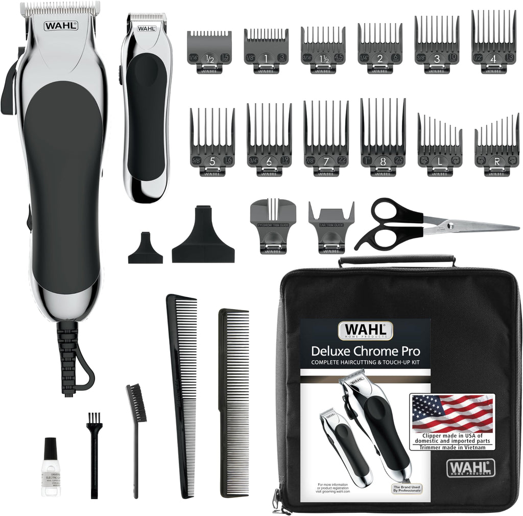 Wahl Clipper USA Deluxe Corded Chrome Pro,Complete Hair and Trimming Kit,Includes Corded Clipper,Cordless Battery Trimmer,and Styling Shears,for a Cut Every Time - Model 79524-5201M,(Pack of 5)
