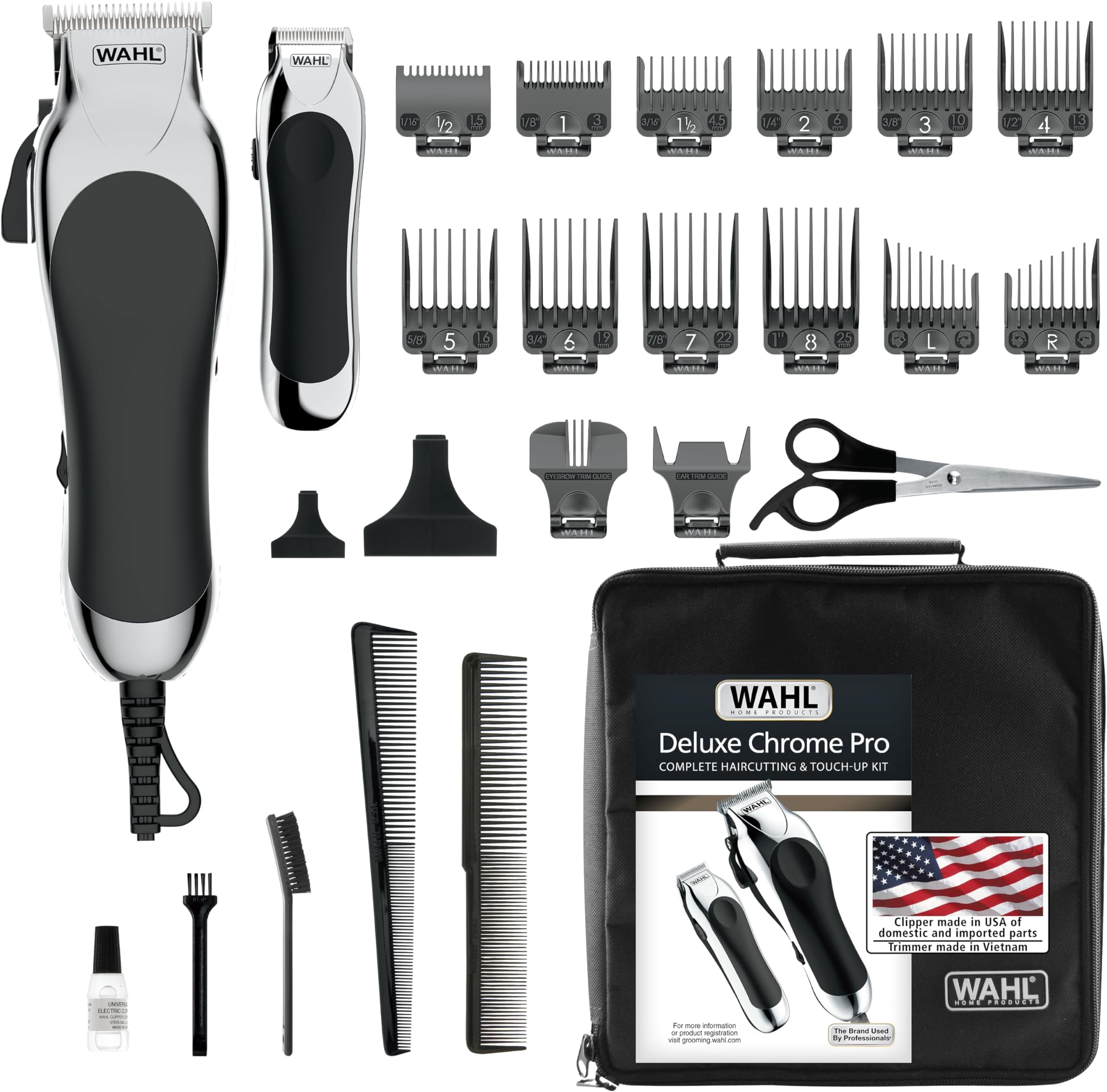 Wahl Clipper USA Deluxe Corded Chrome Pro,Complete Hair and Trimming Kit,Includes Corded Clipper,Cordless Battery Trimmer,and Styling Shears,for a Cut Every Time - Model 79524-5201M,(Pack of 5)