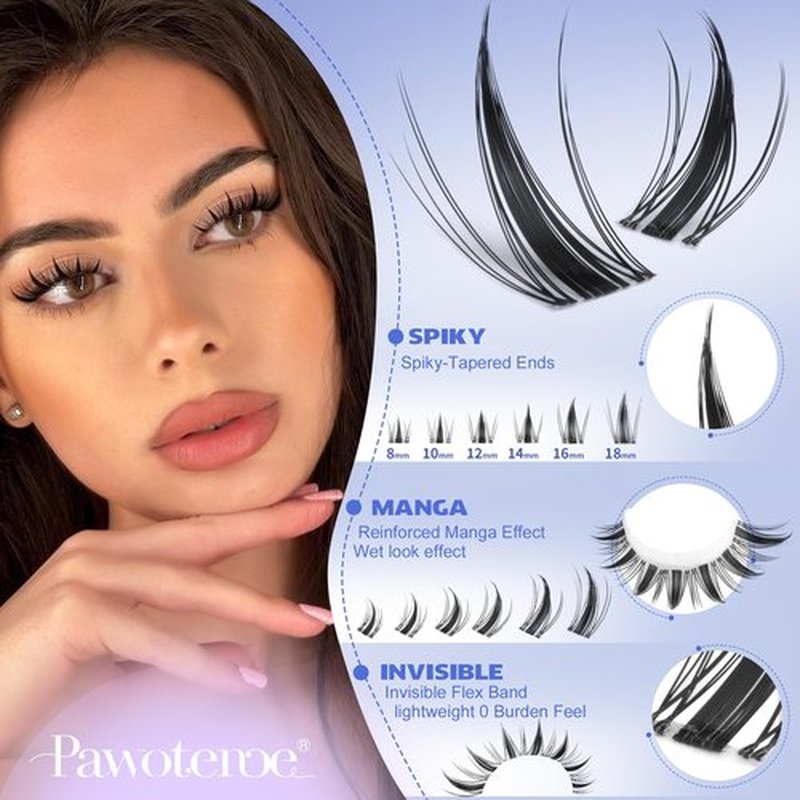 Pawotence Manga Lash Clusters Kit Eyelash Clusters 8-18mm Lash Extension Kit Fairy Individual Lashes Cluster Wispy with Lashes Cluster Glue, Tweezers for Invisible Band Cluster Eyelash Extensions Kit