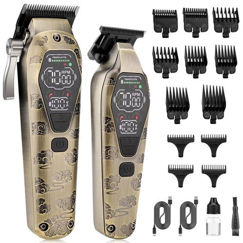 QREEYX Professional Hair Clipper for Men - Cordless Clippers and Trimmers Set, Heavy-Duty Motor Hair Cutting Kits with LED Display, 7000RPM High-Power Motor, USB Charging, Gifts for Men, Bronze