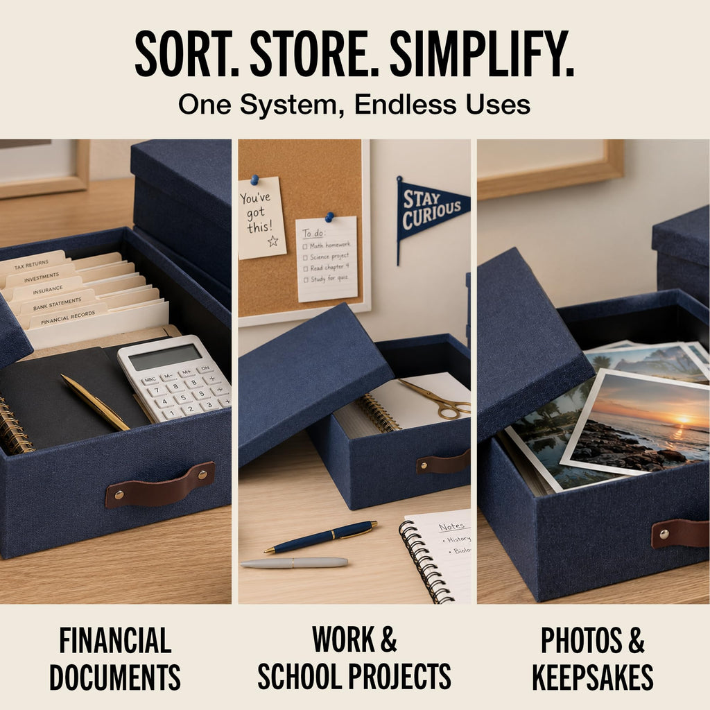 Bigso Oskar Canvas Fiberboard Document Letter Box - File Organizer Box for Important Paperwork - Document Storage with a Lid & Leather Handle - 3.3 in x 10.2 in x 13.8 in - Blue