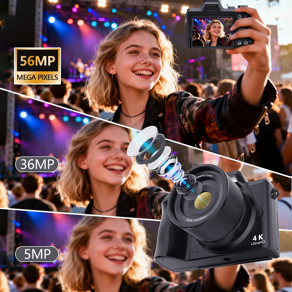 4K Digital Camera for Photography & Vlogging, 56MP Point and Shoot Digital Cameras with 180° Flip Screen, 16X Zoom Compact Travel Camera, Portable Cámara for Adults & Beginners with 32GB SD Card