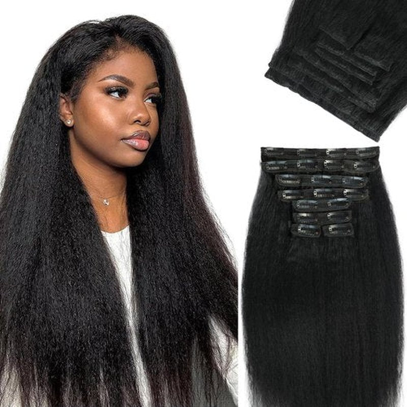 Kinky Straight Clip ins 18 Inch Clip in Hair Extensions Real Human Hair for Black Women Brazilian Remy Human Hair Extensions 110g 8Pcs Per Set with 20 Clips Double Weft Natural Black
