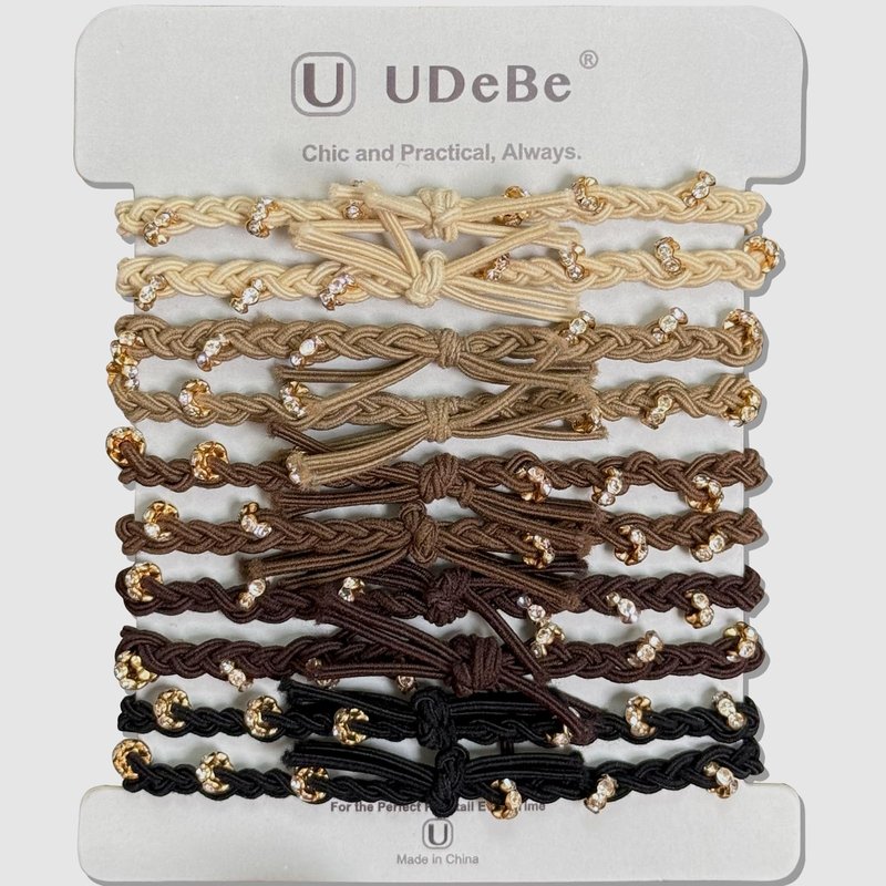 UDeBe 10pcs Braided Hair Ties with Gold & Crystal Beads, Elastic Hair Ties for Women, Neutral Colors