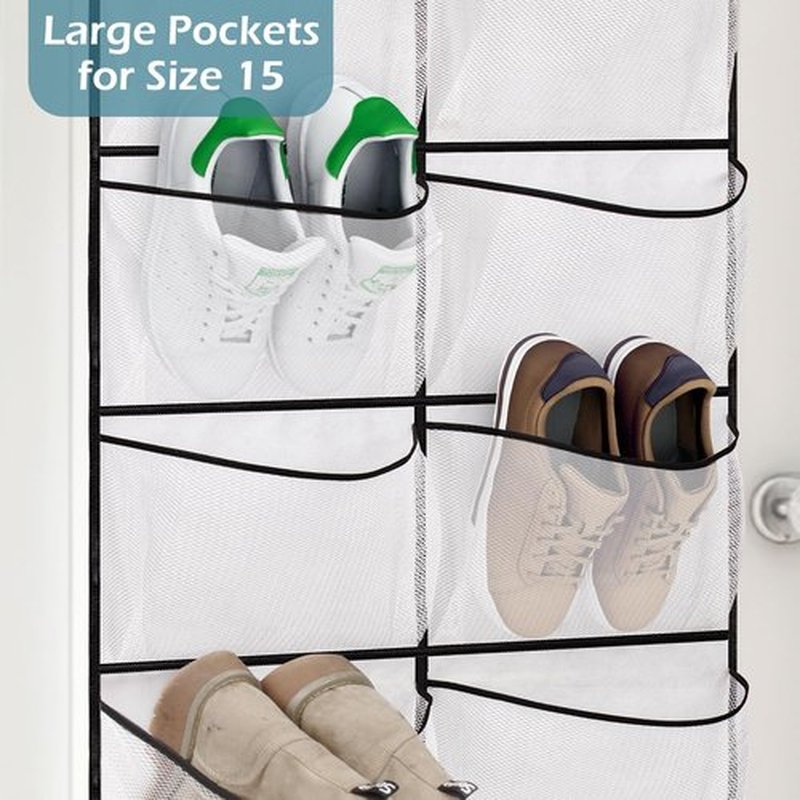 KIMBORA Over The Door Shoe Organizer - 12 Large Mesh Pockets for Boots & Shoes | White Hanging Rack