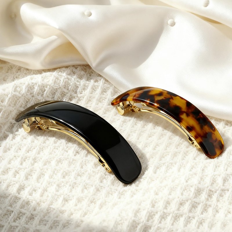 YIERSO French Oval Barrette Hair Clips,Acetate Narrow Vintage Tortoise Barrettes,Strong Hold No-Slip Grip Metal Clasp,2-Pack 3.75" Accessories for Women Thick Thin Wavy Long Hair Gift (Black&Tortoise)
