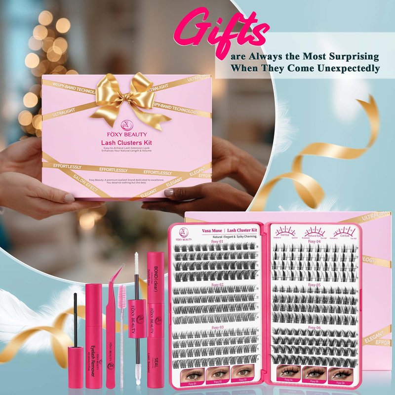 Vasa Muse Premium Lash Clusters Kit 10-16mm lashes Wispy Natural & Fairy Spiky Lash Clusters 0.05mm Eyelash Clusters Ultra-thin Invisible band lash Extension Kit with Bond Seal for Starter DIY