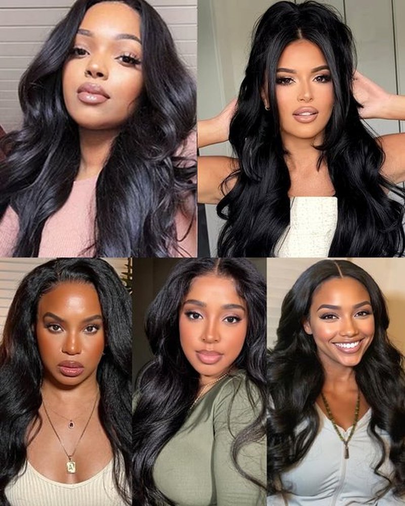 Cemuto Light Yaki Body Wave Wigs 13x6 Synthetic HD Transparent Invisible Lace Front Wig Double Texture Kinky Straight and Body Wave as Human Hair 180% Density 22inch Nature Black