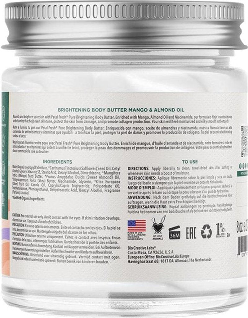 Petal Fresh Pure Brightening Mango & Almond Oil Body Butter with Niacinamide, Shea Butter, Promotes Collagen, For All Skin Types, Vegan and Cruelty Free, Non-Greasy, 8 oz – MADE IN USA