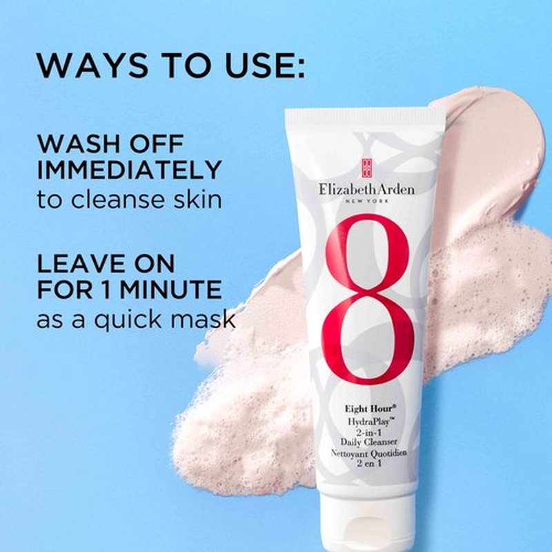 Elizabeth Arden Eight Hour HydraPlay 2-in-1 Daily Gentle Cleanser and Pore Minimizer Mask, Hydrating Face Wash with Kaolin Clay & Glycerin, Non-Comedogenic, Vegan, For All Skin Types, 4.2 oz.