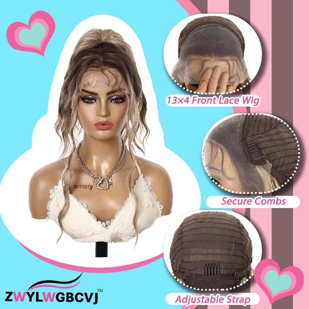 ZWYLWGBCVJ 13×4 Synthetic Lace Front Wig for Women Long Curly Wavy Heat Resistant Fiber Wigs Natrural Hairline and Baby Hair for Daily Party Use (30inch)