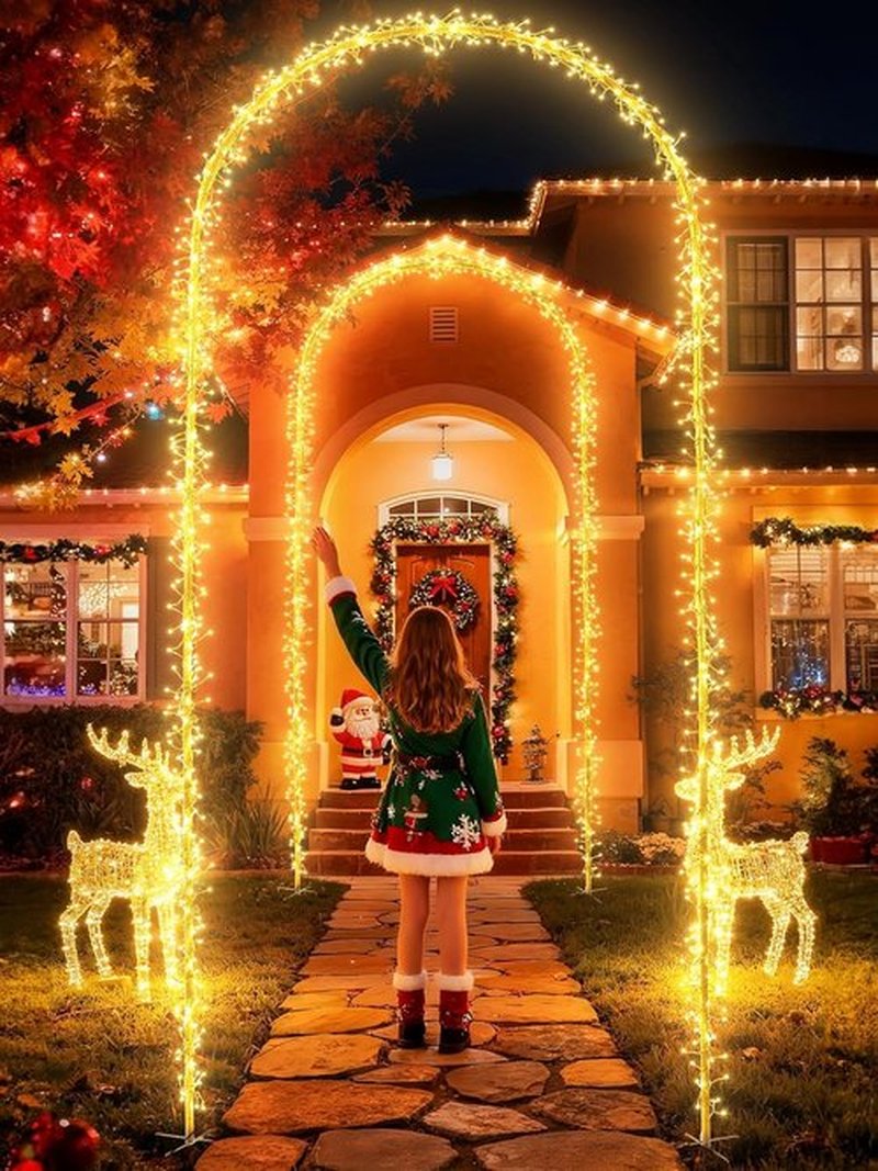 Flacchi Outdoor Christmas Arch Lights - 7.5FT Waterproof 360LED String Lights with Timer & 8 Modes (Warm White)