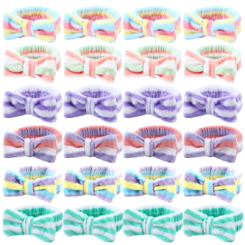 WILLBOND 24 Pieces Spa Headband Bow Hairband Facial Makeup Women Face Wash Adjustable Skincare Headbands Bulk Soft Flannel Towel Head Wraps for Women Shower Washing Face (Elegant)