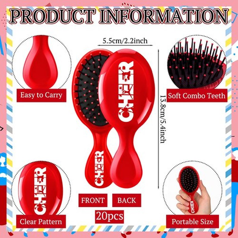 SiliFine 20 Pack Cheer Mini Hair Brushes Bulk Cheer Gifts Bulk for Team Detangling Hair Brushes Plastic with Bristles for Cheerleader Team Sport Valentine Gifts for Women(Red)