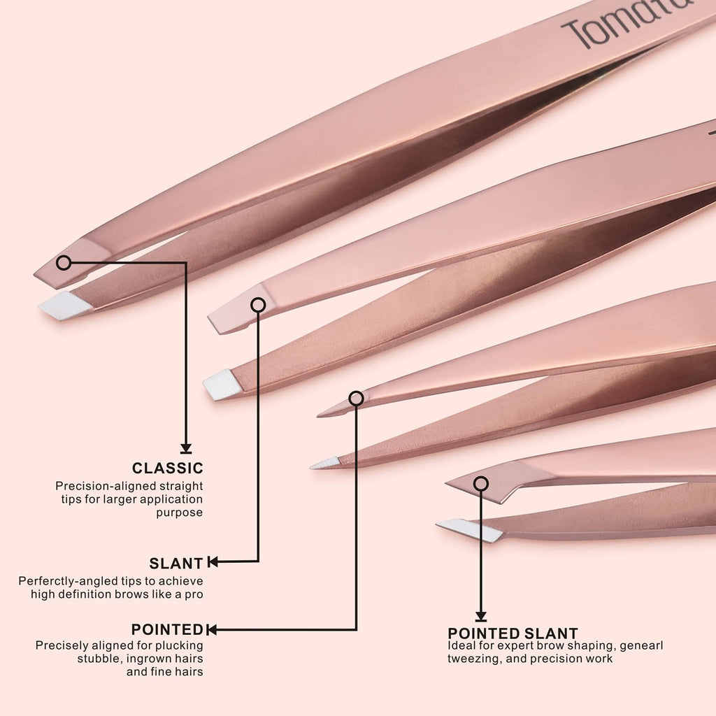 TomataTweezers for Eyebrows, Slant Tip and Pointed Eyebrow Tweezer Set Great Precision for Eyebrows Facial Hair, Ingrown Hair, Splinter, Blackhead and Tick Remover (4-piece)
