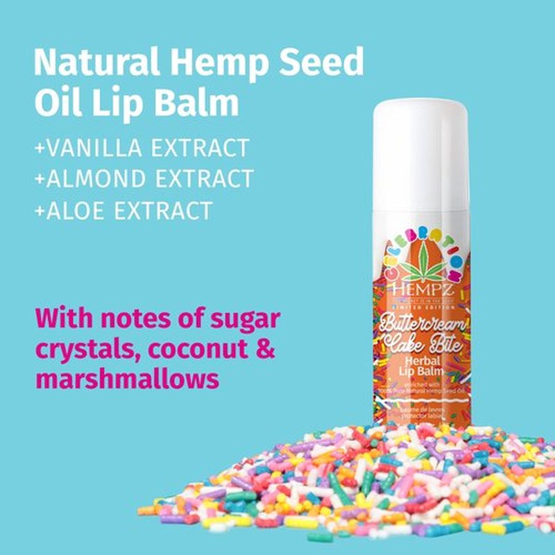 HEMPZ Natural Lip Balm - Buttercream Cake - Hemp Seed Oil, Shea Butter, Coconut & Avocado Oil with Vanilla, Sugarcane, Sweet Almond Moisturizing Lip Care Hydrating Lip Repair Balm - 0.5 oz Stick