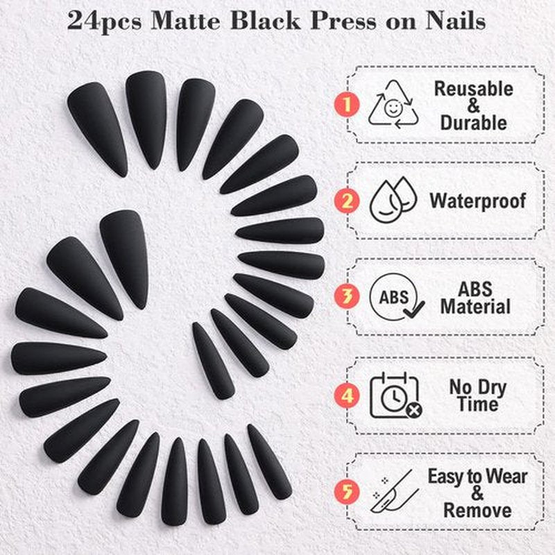 Kikmoya Matte Pure Black Extra Long Stiletto Press on Nails, 24pcs Fake False Nails, Artificial Stick on Manicure for Women