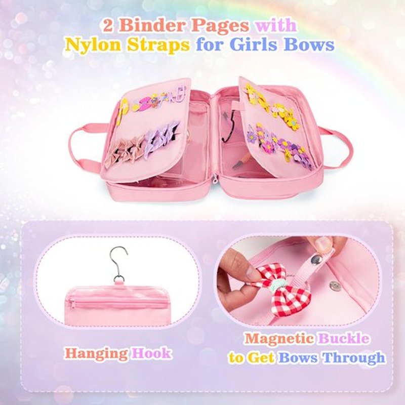 GRAOSO Hanging Hair Accessories Organizer for Baby Girls, Hair Bow Storage Bag, Travel Hair Stuff Case for Hair Clips, Hair Ties, Headbands, Scrunchies, Pink (Bag only)