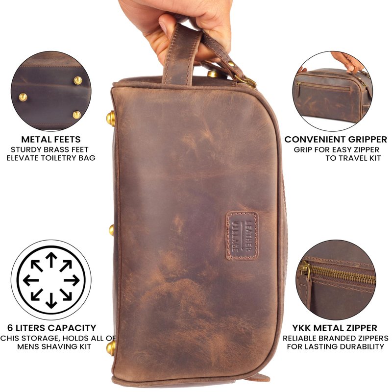 LEATHER VILLAGE Genuine Leather Toiletry Travel Bag With Waterproof Lining - Brown | King-Size Handcrafted Vintage Dopp Kit Bag, Shaving & Bathroom Organizer, Gift for Men & Women