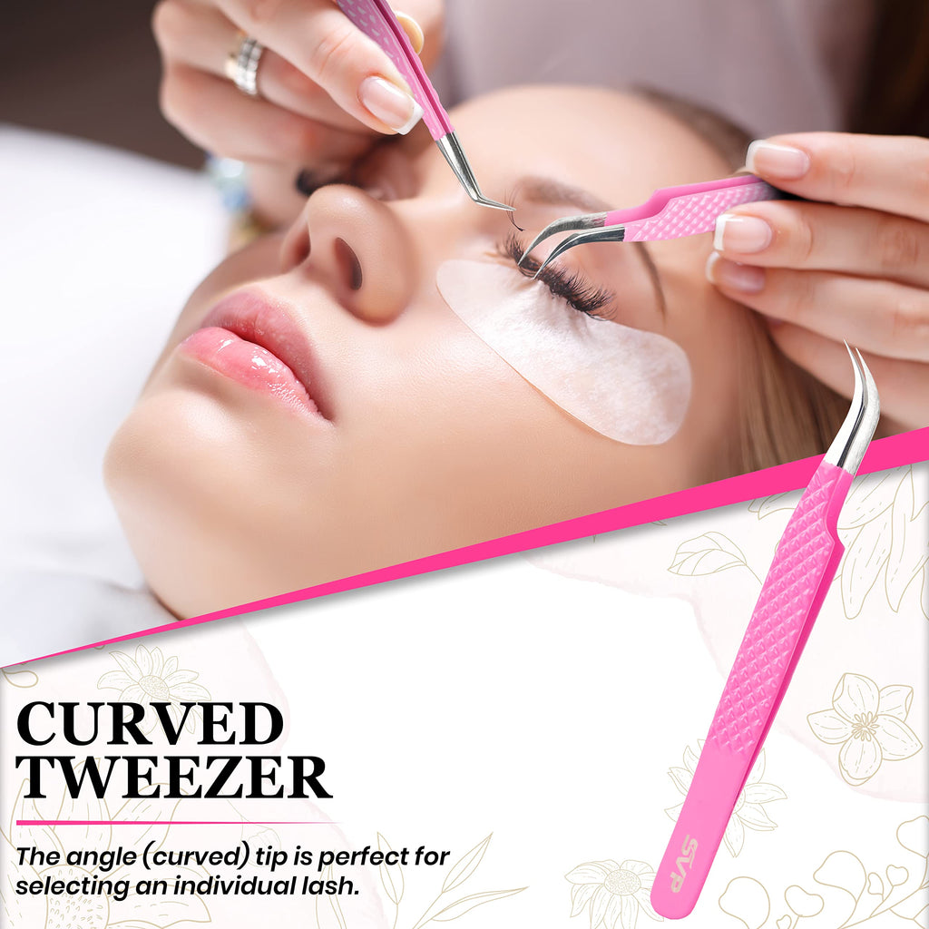 SV Fiber Tip Lash Tweezers For Eyelash Extensions With Diamond Grip, Professional Lash Tweezers Set of 5 - Precise Tips Japanese Steel for Classic, Volume & Mega Volume Lashes with Travel Case Box
