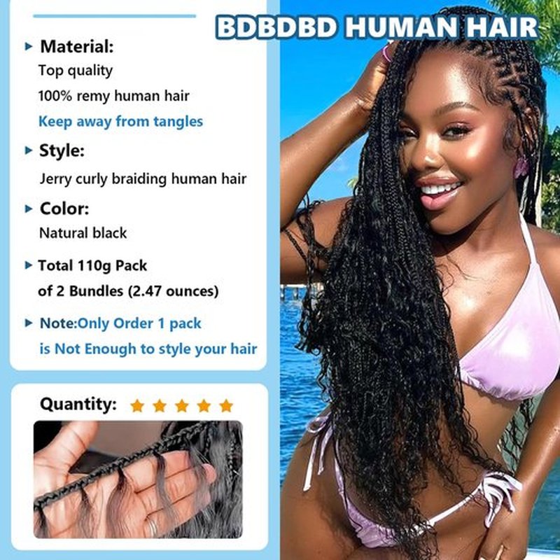 Human Braiding Hair For Boho Braids 110g Jerry Curly Bundles Human Hair 12A Remy Boho Human Hair For Braiding No Weft 2 Bundles/Pack Bulk Boho Hair for Braiding 18 inch Natural Black