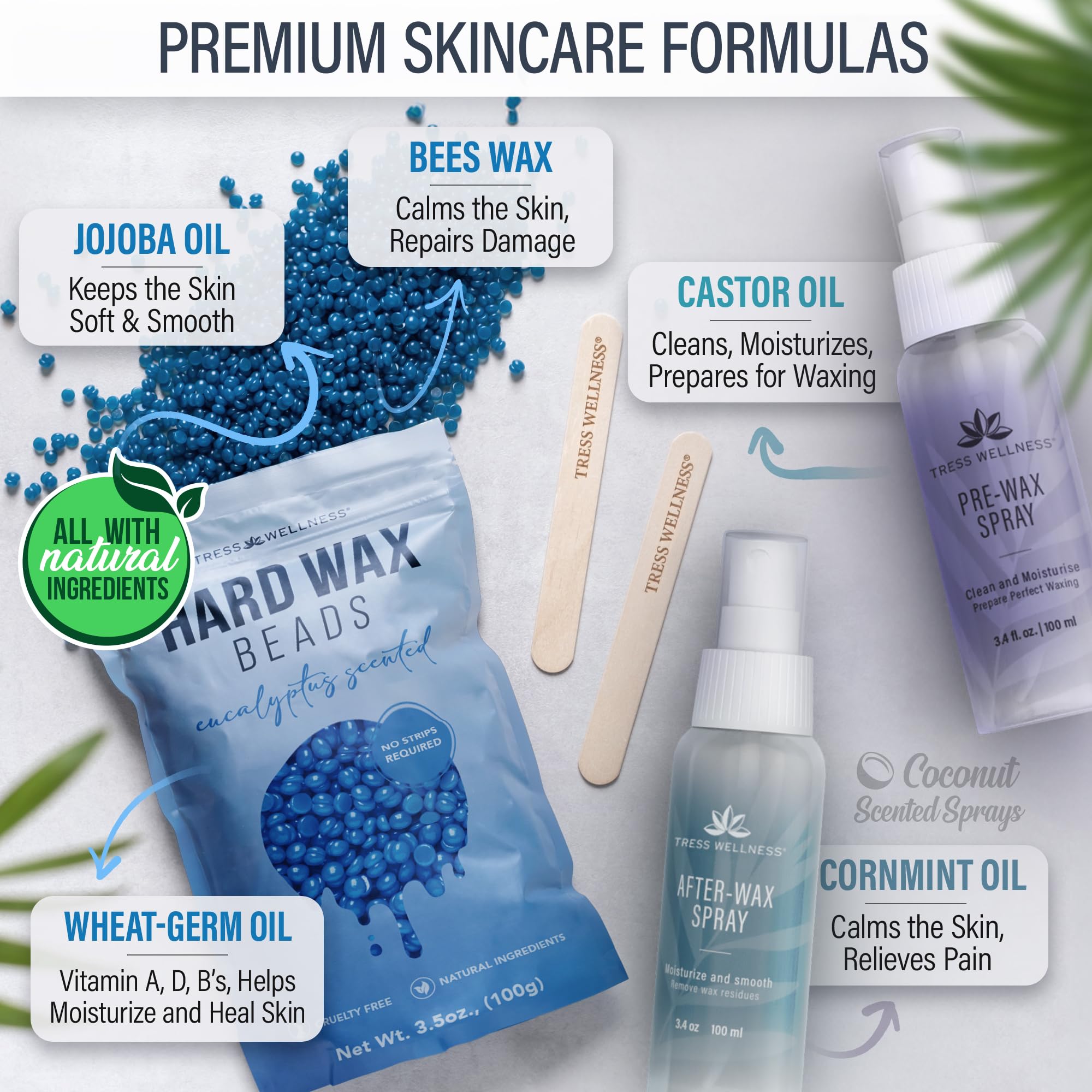 Tress Wellness Waxing Kit for Sensitive Skin – Safe for Face & Skin, Prep & Aftercare Spray, Easy to Use – At-Home Kit for Face, Bikini, Brazilian & Full Body- Digital Display, Green