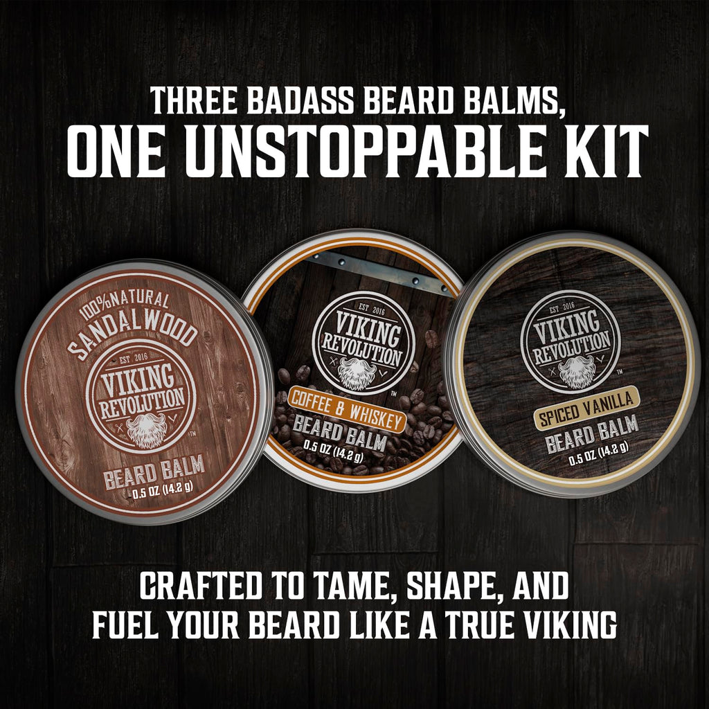 Viking Revolution 3 Pack Ultimate Beard Care Collection - Each Pack Includes 3 Beard Oils (3 X 0.5 FL OZ), 3 Balms (3 X 0.5 OZ), Brush, Wooden Comb & Filling Pen. Soften, Condition & Style