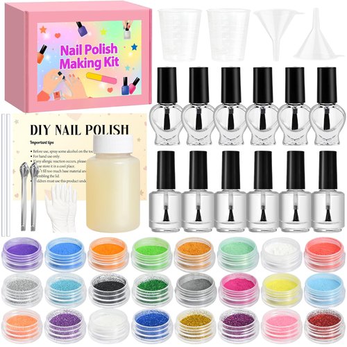 JCOOS Nail Polish Making Kit, DIY Nail Art Kit for Beginners With Everything, 12 Empty Bottles with Brush, 24 Pigment, Fun Nail Polish Kit, Valentine's Day Gifts for Girls Women