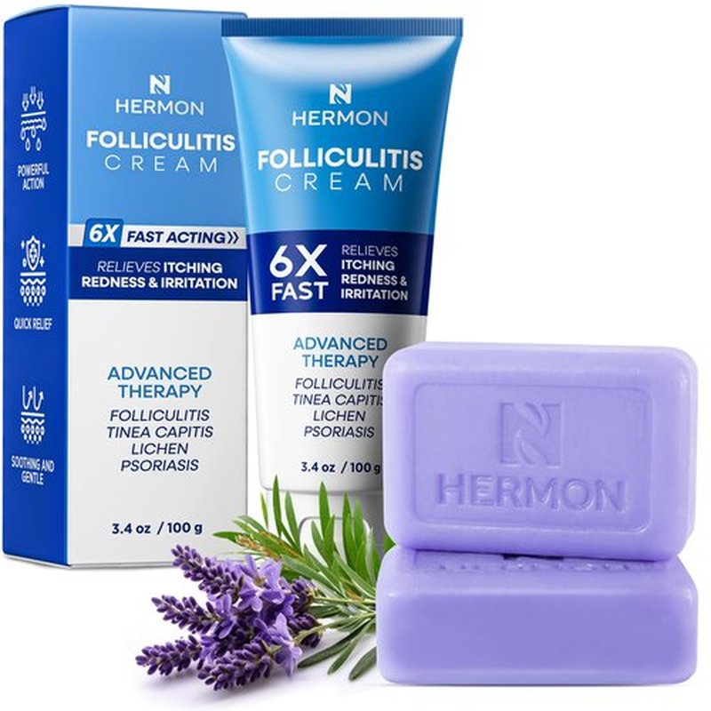 HERMON Folliculitis Treatment Cream & Antifungal Soap Kit: Effective Treatment for Folliculitis Scalp Face & Body and Antifungal Soap with Tea Tree Oil - 3.4 oz Tube / 2 Bars