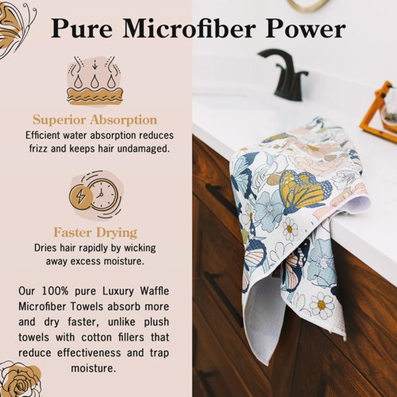 BlairCo. Microfiber Hair Towel Wrap for Women - Anti-Frizz Quick Dry Hair Wrap for Long Hair - Hair Towels for Women, Hair Drying Towel Wrap - Floral Butterfly