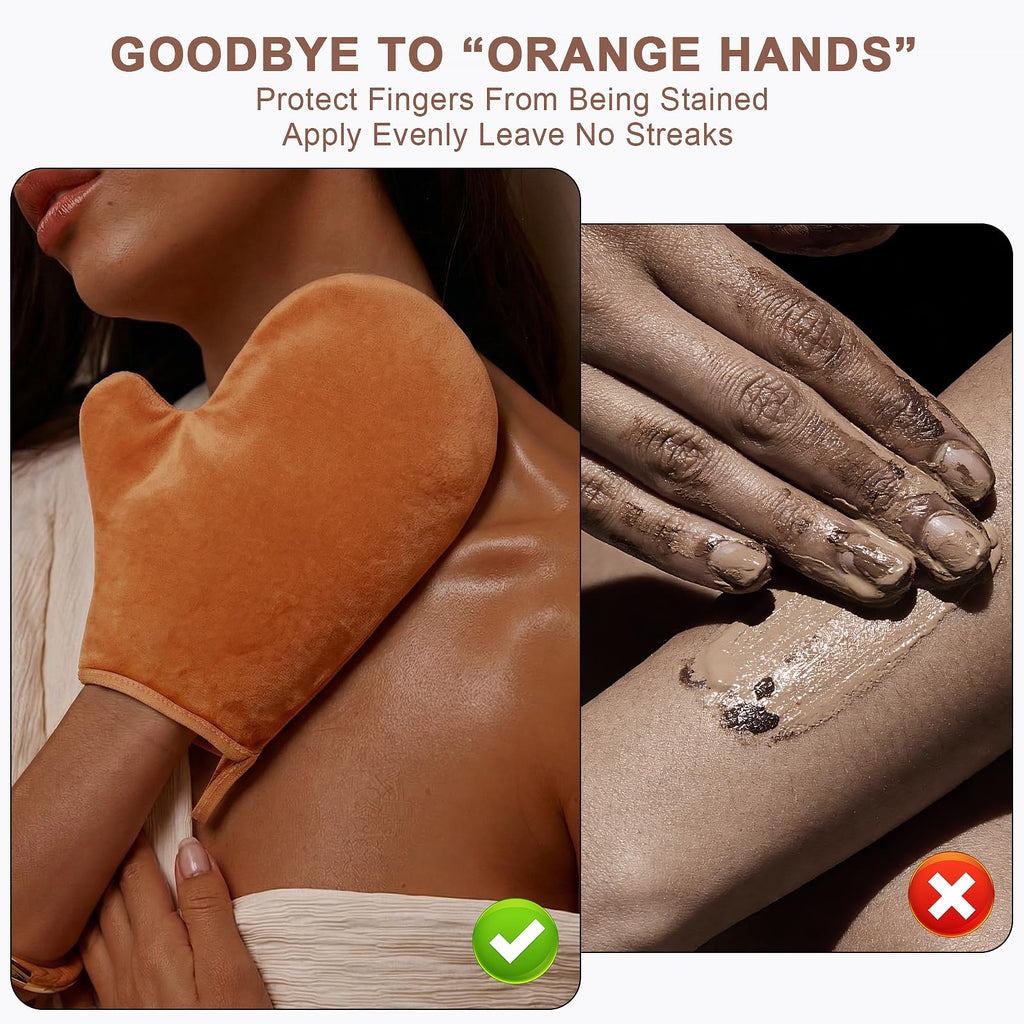 5-In-1 Self Tanner Mitt Kit, 2 Thumb Tanning Gloves, 1 Straight Body Mitt, 1 Mini Face Mitt and Back Tanning Applicator, Soft Velvet Tanning Tools for Full Body