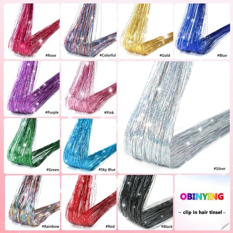 Obinying Hair Tinsel 18 Pcs Hair Tinsel Clip in 20.5 Inch Glitter Tinsel Hair Extensions Clip in Hair Tinsel Kit Party Festival Fairy Hair Accessories for Girls Women Kids (Sky Blue)