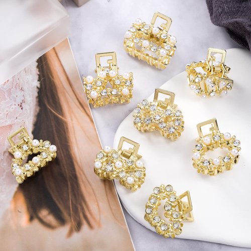 8 PCS Mini Pearl Hair Clips, PAGOW Gold Rhinestone Pearl Metal Claw Clips, Bangs Styling Claw Clips, Faux Pearls Crystal Sparkly Hairpins Hair Accessories for Women And Girls (8 Designs)