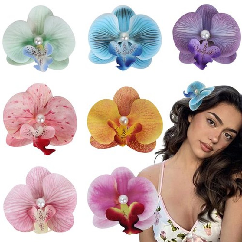 Hawaiian Flower Hair Clips, Bohemian Butterfly Orchid Hairpin, Artificial Tropical Phalaenopsis Hair Barrette for Seaside Holiday, Bridal Hair Accessories Pins Headwear for Women Girl（4 inches;7pcs)