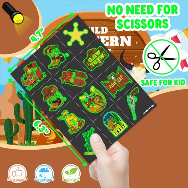 96 PCS Western Cowboy Pre-Cut Luminous Glow in the dark Temporary Tattoos for Kids First Themed Birthday Party Supplies Favors Decorations 8 Sheets Super Cute Fake Tattoo Stickers Gifts for Boys Girls
