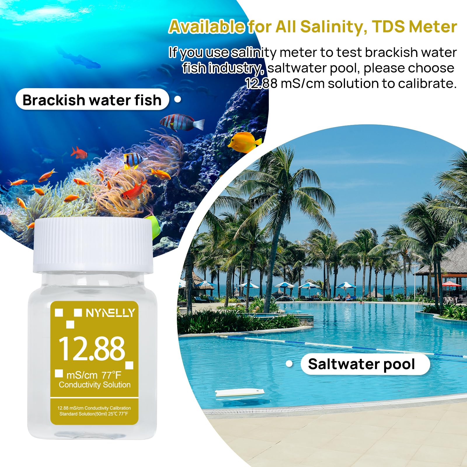 Nynelly 12.88 mS/cm Calibration Solution, Conductivity Salt Standard Buffer Solution for Salinity Tester, EC Meter, TDS Meter, Pool Salt Tester, Precise and Easy Calibration,3 Bottles of 50 ml