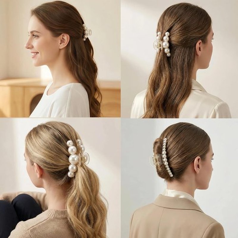 Skiennix Large Pearl Hair Claw Clips - Strong Hold No Slip Barrettes | 4-Piece Set for Women