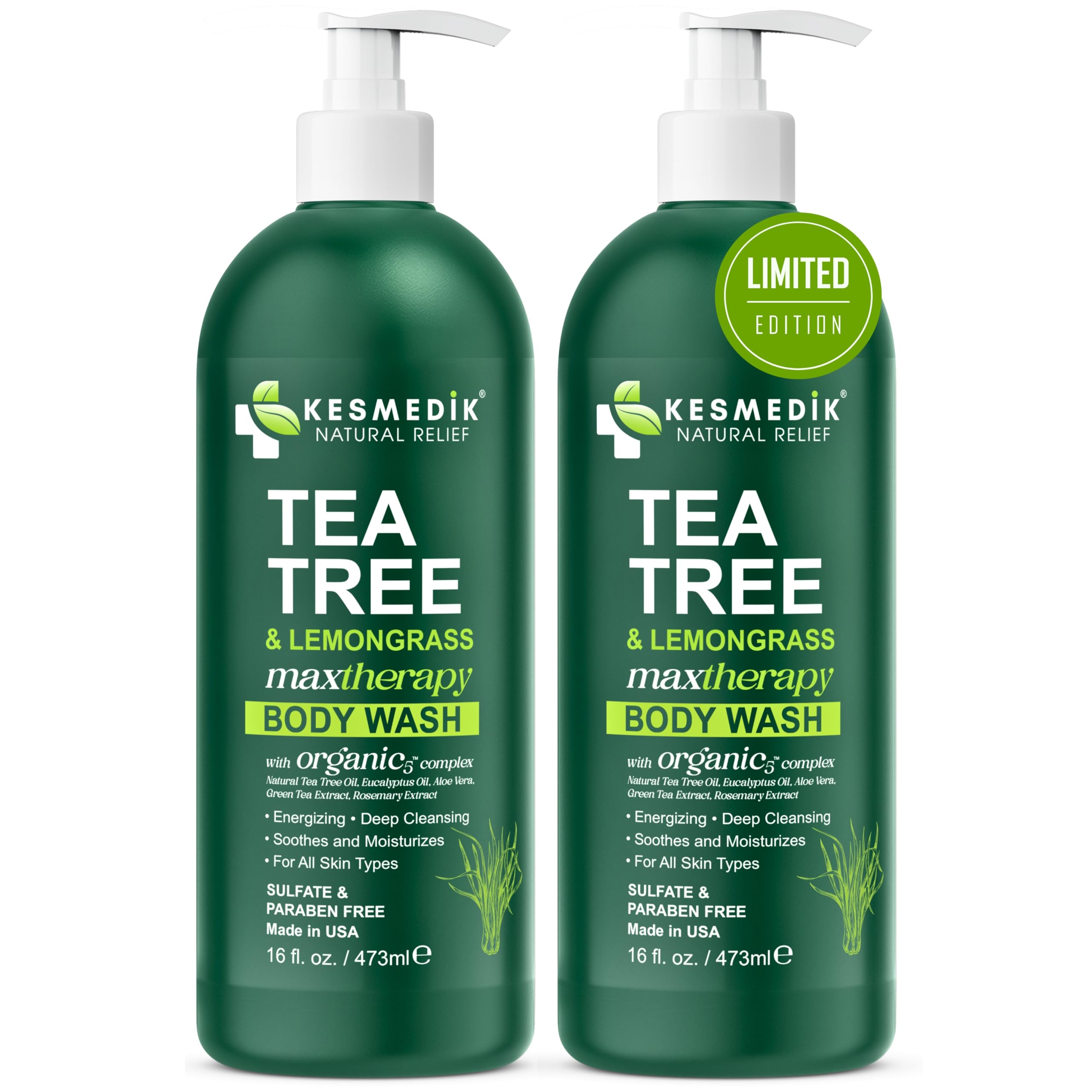KESMEDIK Tea Tree Lemongrass Body Wash MaxTherapy, Itchy Skin Relief, Antifungal Defense, Fights Body Odor, Soothes Jock Itch & Athlete's Foot, Intimate Wash, Men & Women, 2-Pack, Limited Edition